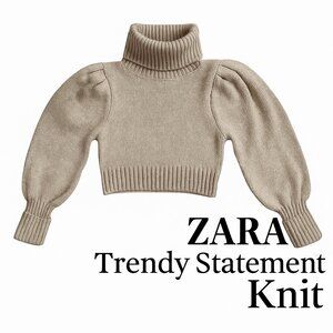 Zara Beige Puff Sleeve Cropped Turtleneck Sweater Ribbed Knit Trendy Top Size M
